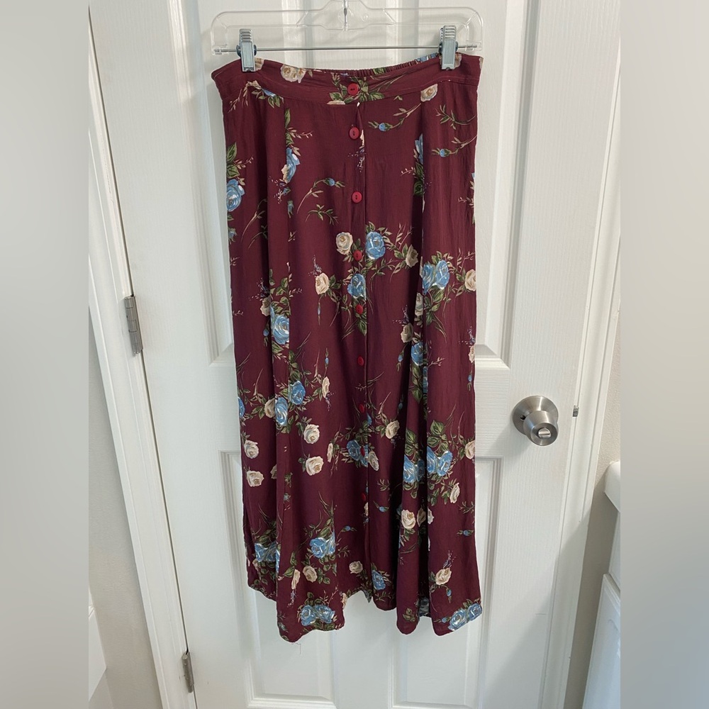 Vintage Floral Burgundy Midi Skirt | Large
